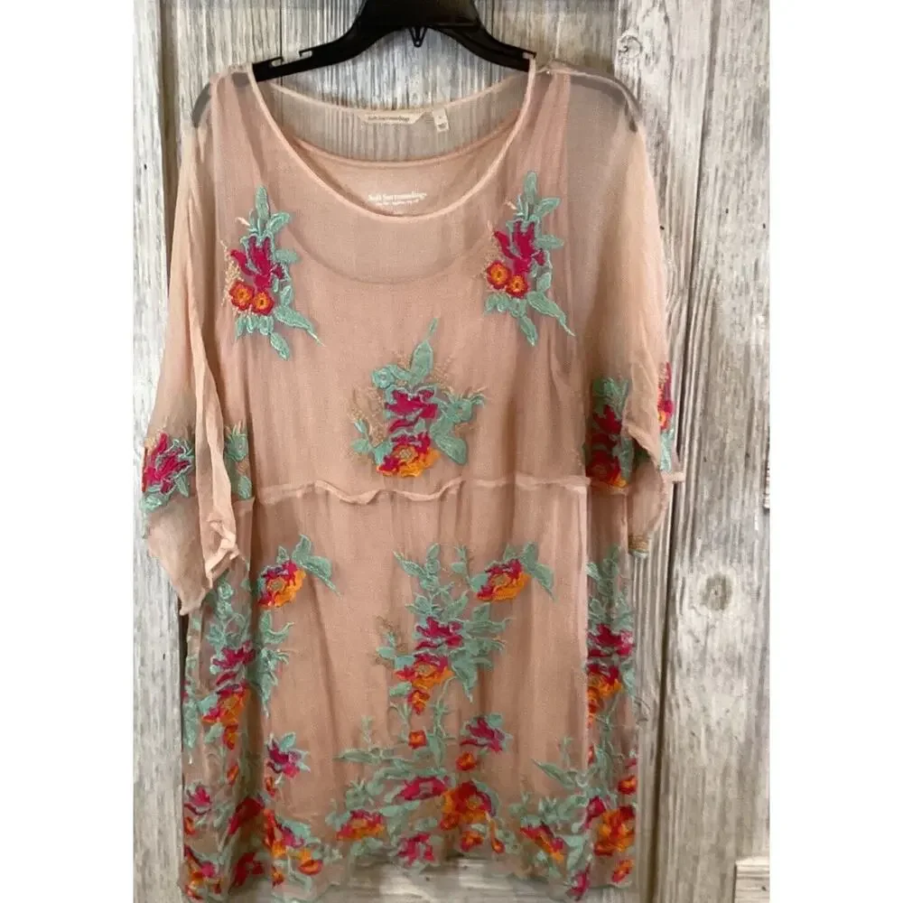 Soft Surroundings Sheer Overlay Embroidered Floral Tunic Blouse sz L